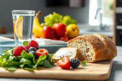 Fresh breakfast spread with bread, berries, and fruit on a wooden board. Includes strawberries, blueberries, raspberries, and a sliced baguette. A bright and healthy morning meal.
