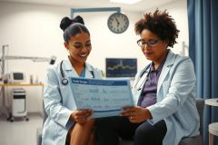 Two female doctors in white coats review a medical chart in a hospital setting. Focus on patient care and diagnostics. Medical professionals, healthcare, examination, review.