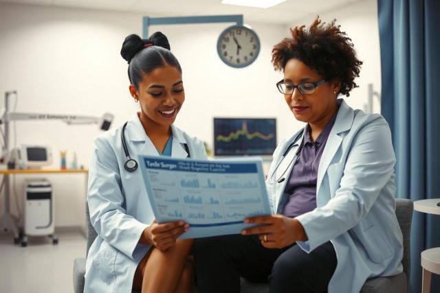 Two female doctors in white coats review a medical chart in a hospital setting. Focus on patient care and diagnostics. Medical professionals, healthcare, examination, review.