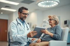 Doctor consults with a senior patient in a modern clinic setting. A male physician wearing a stethoscope shows a tablet to an elderly woman. Healthcare, medical consultation, and digital health concepts are depicted in a bright, clean environment with neutral tones.