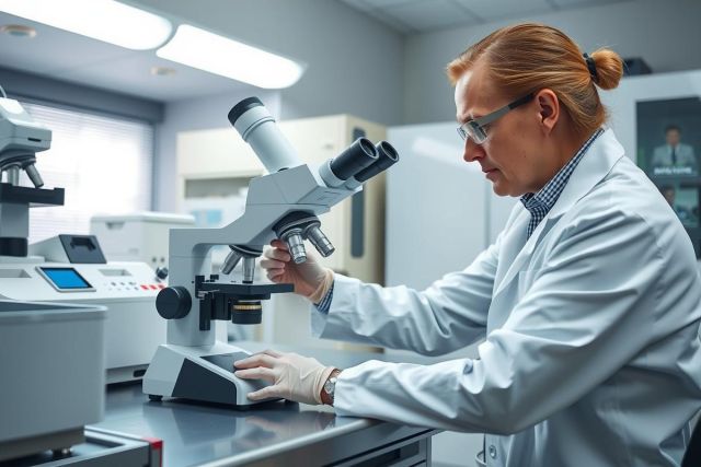 Scientist examining a microscope in a laboratory setting. Wearing a white lab coat and gloves, she's focused on research and analysis. Bright, clean lab environment with scientific equipment visible.