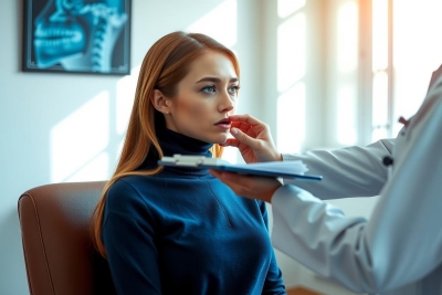 The image depicts a professional hospital setting. A doctor in a white coat examines a patient seated in a chair. The room has a clean, clinical atmosphere, suggesting daytime, with natural light streaming in through the windows.