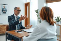 Business meeting. A man in a suit gestures during a discussion with a woman in a modern office setting. The scene conveys collaboration and professional communication.