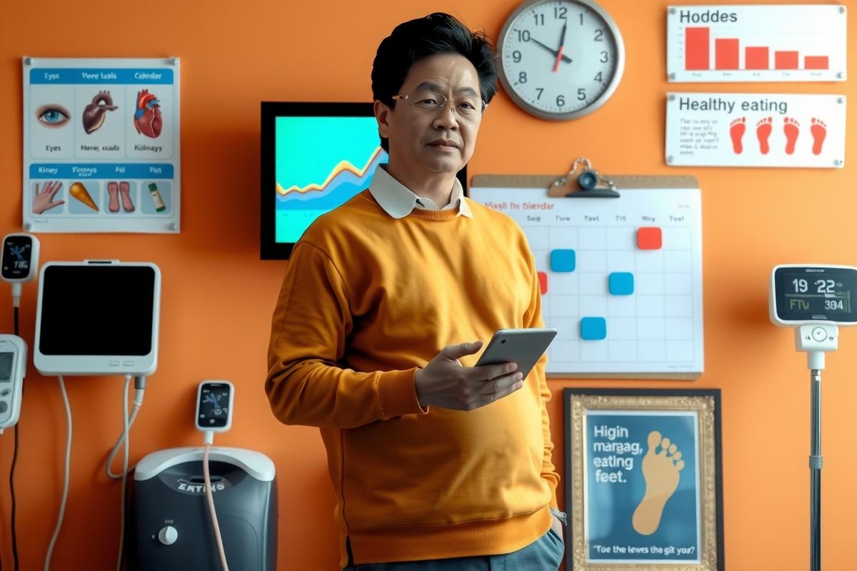 This image depicts a man standing in what appears to be a modern medical office. He is dressed in an orange long-sleeved shirt and blue jeans, holding a tablet computer in his right hand while gesturing with his left hand as if explaining something or giving instructions. The office environment includes various medical equipment such as a blood pressure monitor and a patient scale on the floor, along with medical posters and graphs on the wall, suggesting the location is used for health check-ups and consultations.