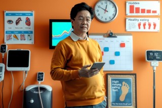 This image depicts a man standing in what appears to be a modern medical office. He is dressed in an orange long-sleeved shirt and blue jeans, holding a tablet computer in his right hand while gesturing with his left hand as if explaining something or giving instructions. The office environment includes various medical equipment such as a blood pressure monitor and a patient scale on the floor, along with medical posters and graphs on the wall, suggesting the location is used for health check-ups and consultations.