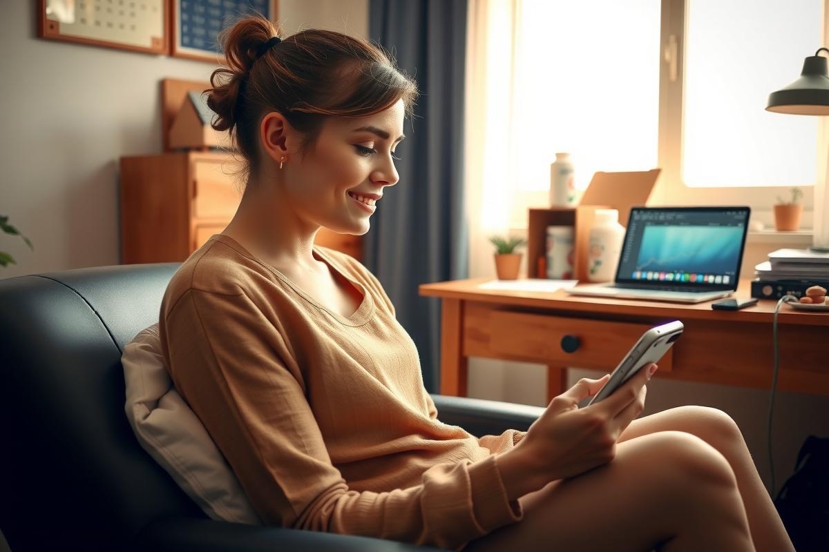 This image features a woman sitting comfortably in what appears to be her living room. She is wearing a light-colored outfit and has an easy smile on her face, indicating she's relaxed or enjoying herself.