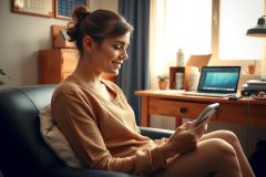 This image features a woman sitting comfortably in what appears to be her living room. She is wearing a light-colored outfit and has an easy smile on her face, indicating she's relaxed or enjoying herself.