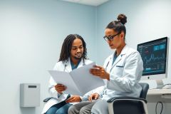 Two healthcare professionals, a doctor and nurse, in white coats review medical records in a modern clinic. The image features a light blue interior, a computer displaying vital signs, and a focus on collaboration and patient care within a medical setting.