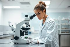 Scientist using a microscope in a modern laboratory. Woman in a white lab coat examining samples, research setting, science, healthcare, and medical technology.