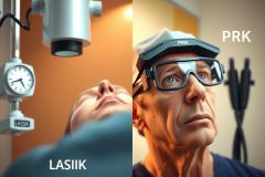 The image is a composite with three panels, showing two medical situations. The left panel depicts an optical illusion where one woman appears to be looking at another woman's neck while the woman herself has her eyes closed. In the center panel, a man wearing glasses and a headset is observing a woman on a stretcher in a hospital setting. The right panel shows a similar scene with different characters; here, a man in glasses is looking at another man who is also wearing glasses.