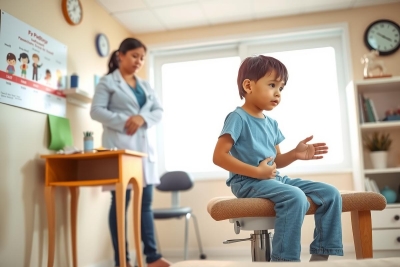 The image shows a young child sitting on an examination chair in what appears to be a pediatric dental or medical clinic.