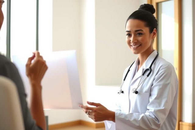 Doctor examining patient, reviewing X-ray. Healthcare professional in white coat, diagnostic imaging, medical consultation, clinic setting, friendly interaction.