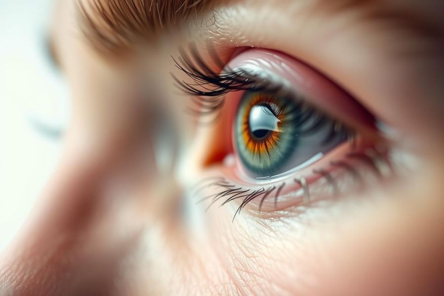 Close-up of a striking eye with vibrant green and gold irises and long eyelashes. The eye is set against a blurred background, showcasing intricate details and emphasizing its captivating beauty. A portrait detail.