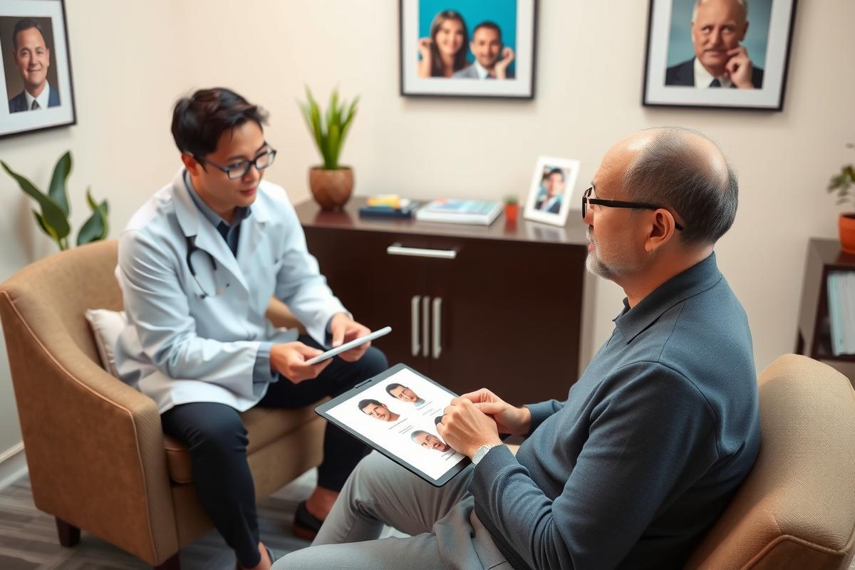 Two people, one dressed as a doctor and the other wearing glasses, engaged in conversation. They are seated in an office environment, which features framed pictures of individuals on the wall. The atmosphere appears to be professional and focused.