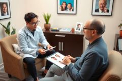 Two people, one dressed as a doctor and the other wearing glasses, engaged in conversation. They are seated in an office environment, which features framed pictures of individuals on the wall. The atmosphere appears to be professional and focused.