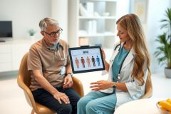 Doctor shows patient a chart on a tablet during a consultation. Healthcare professional and patient in a modern office setting. Focus on medical assessment and patient care.