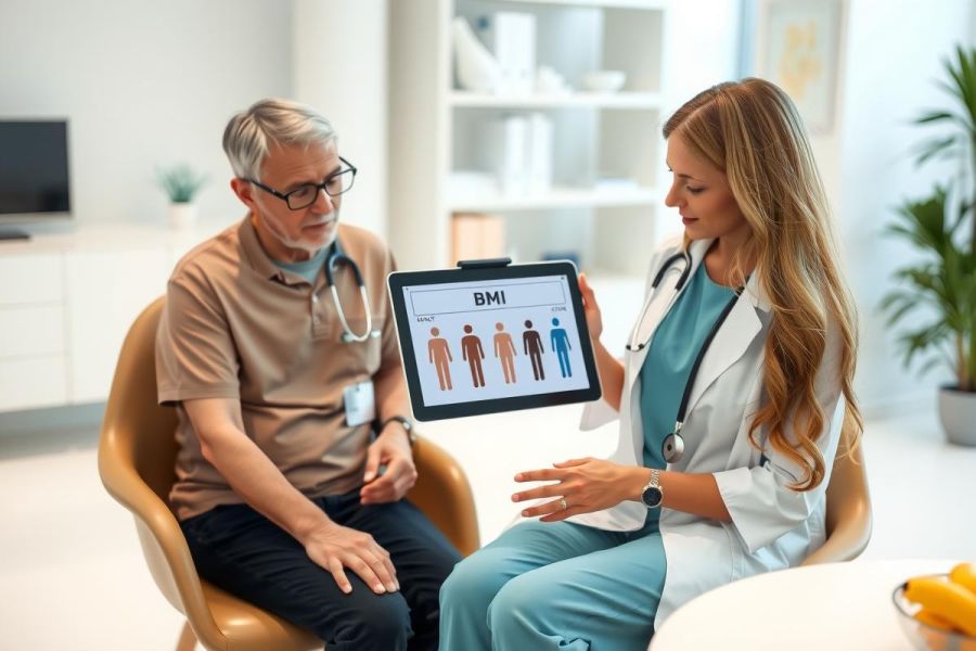 Doctor shows patient a chart on a tablet during a consultation. Healthcare professional and patient in a modern office setting. Focus on medical assessment and patient care.