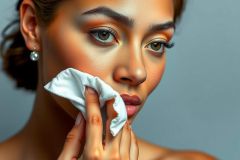Close-up portrait of a woman gently cleansing her face with a white cotton pad. Soft lighting highlights her skin and makeup. A skincare routine concept.