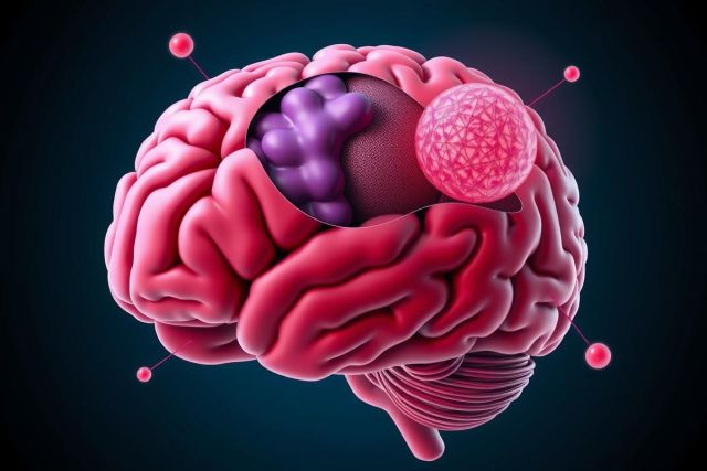 The image is a 3D illustration of a human brain with the center highlighted, resembling an x-ray or MRI scan. Inside this central area, there are colored particles representing cells and molecules involved in neurological processes.