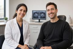 Dentist and patient smiling in a dental exam room with a dental X-ray displayed on monitor.