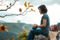 A young woman, wearing a long-sleeve top and jeans, sits on the edge of a rocky cliff. Her gaze is directed downward and to her left, where she holds a small camera in her hands. The environment around her features a scenic landscape with a winding road that appears at the bottom right corner, leading towards distant hills or mountains under an overcast sky.