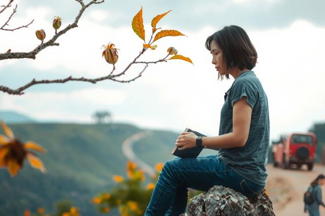 A young woman, wearing a long-sleeve top and jeans, sits on the edge of a rocky cliff. Her gaze is directed downward and to her left, where she holds a small camera in her hands. The environment around her features a scenic landscape with a winding road that appears at the bottom right corner, leading towards distant hills or mountains under an overcast sky.
