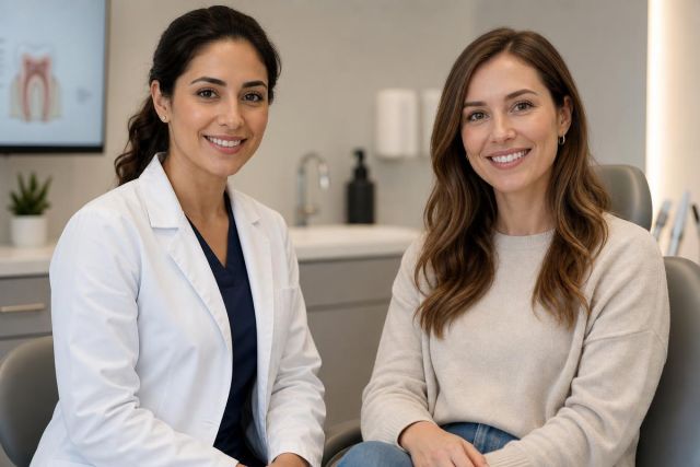 Dentist and patient smiling in a clean dental consultation room, discussing full-mouth rehabilitation.