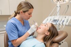Dental hygienist examining a patient's mouth during an oral exam in a dental clinic.