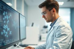 Scientist in a modern lab analyzing molecular structures on dual computer monitors. The image showcases research, science, and technology with a focus on chemistry and data analysis. Cool blue tones and a clean, professional environment are prominent.