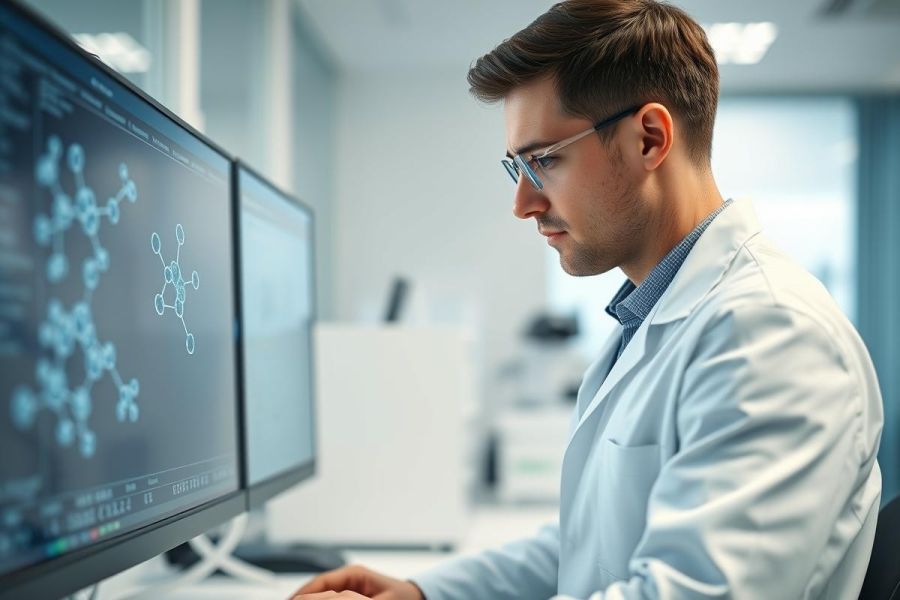 Scientist in a modern lab analyzing molecular structures on dual computer monitors. The image showcases research, science, and technology with a focus on chemistry and data analysis. Cool blue tones and a clean, professional environment are prominent.