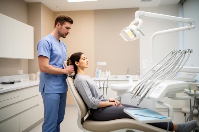 Dental clinician adjusting a patient's headrest as they discuss treatment in a modern operatory, patient reclining calmly.