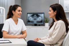Smiling dental clinician consulting with a patient in a dental clinic, X-ray visible.