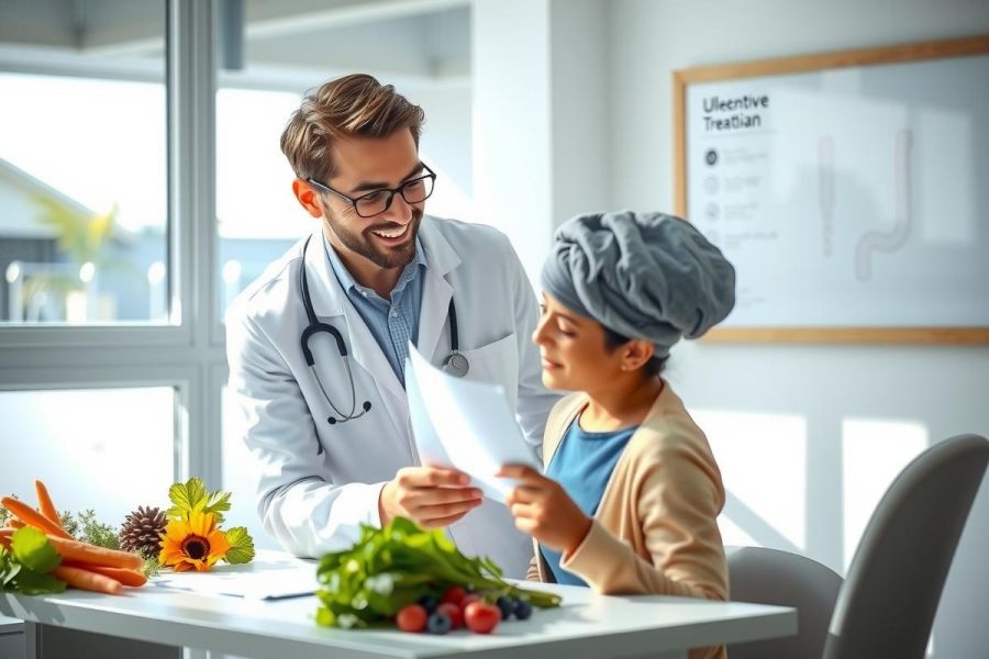 Doctor discusses healthy eating with patient, showcasing a diet plan. The scene features fresh vegetables and a bright, clinical setting, promoting wellness and nutrition advice.