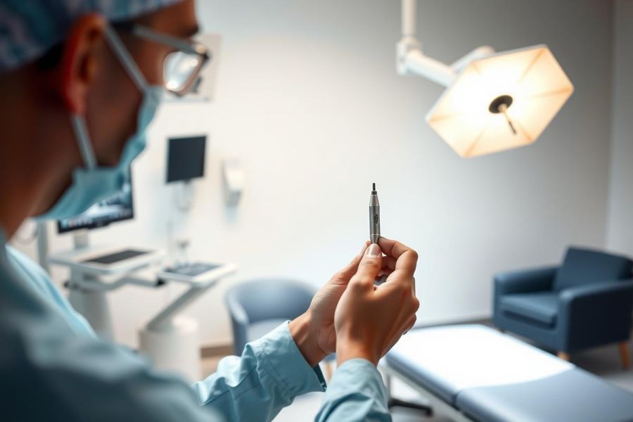 A surgeon holds surgical instruments in an operating room. The scene highlights medical tools and a sterile environment, emphasizing healthcare and precision.