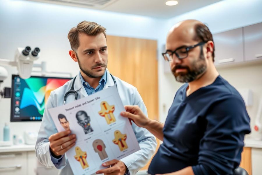 Doctor shows patient anatomy chart in clinic. Healthcare professional demonstrating medical illustration. Patient consultation, medical education, diagnostic setting. Blue scrubs, neutral background.