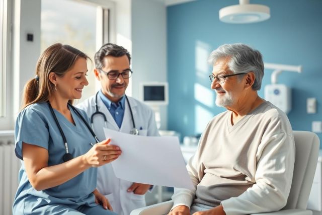A healthcare professional, a nurse, and a doctor discuss medical records with an elderly male patient in a bright, modern clinic setting. Blue and white tones dominate the scene, showcasing a consultation focused on patient care and health information. Medical examination, doctor-patient relationship, and elderly health.