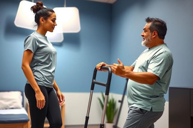 Physical therapy session. A woman assists an older man with walking using a crutch in a bright, modern living room setting. Focus on rehabilitation and healthcare.