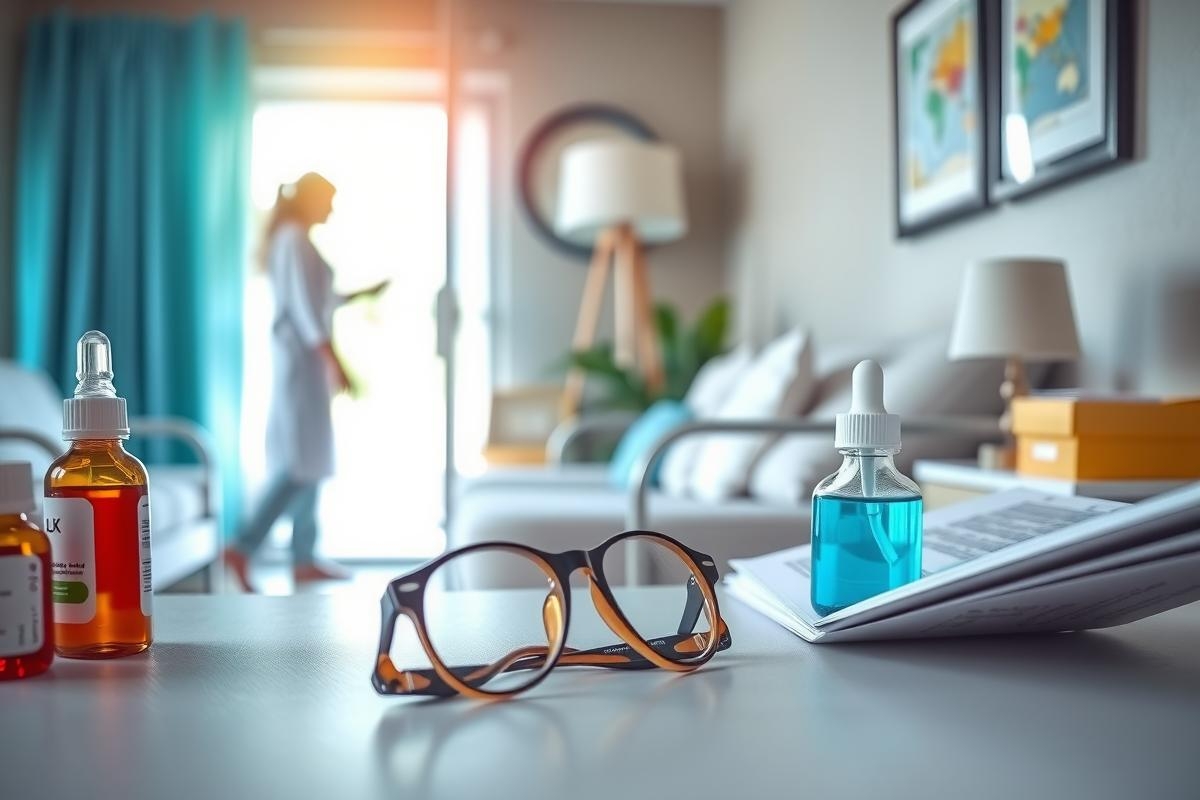 The image depicts a modern, well-lit living room with light-colored walls and blue curtains. There's a woman in the background, possibly wearing scrubs, and she appears to be using a phone. The foreground is dominated by a cluttered desk with various items such as prescription bottles, hand sanitizer, glasses, and books. In front of the desk, there's a comfortable chair and the room has a bright atmosphere.