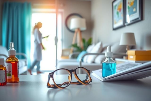 The image depicts a modern, well-lit living room with light-colored walls and blue curtains. There's a woman in the background, possibly wearing scrubs, and she appears to be using a phone. The foreground is dominated by a cluttered desk with various items such as prescription bottles, hand sanitizer, glasses, and books. In front of the desk, there's a comfortable chair and the room has a bright atmosphere.