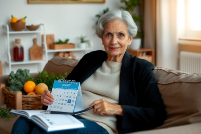 Elderly woman sitting on a couch, holding and examining a calendar. She's in a cozy indoor setting with a book nearby and a potted plant in the background. The image is brightly lit, highlighting natural colors in her attire and the room.