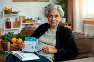 Elderly woman sitting on a couch, holding and examining a calendar. She's in a cozy indoor setting with a book nearby and a potted plant in the background. The image is brightly lit, highlighting natural colors in her attire and the room.