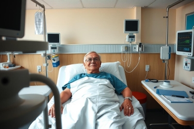 The image shows an older man lying in a hospital bed. He is wearing medical scrubs and appears to be hooked up to various pieces of medical equipment, suggesting he may be receiving treatment or monitoring.