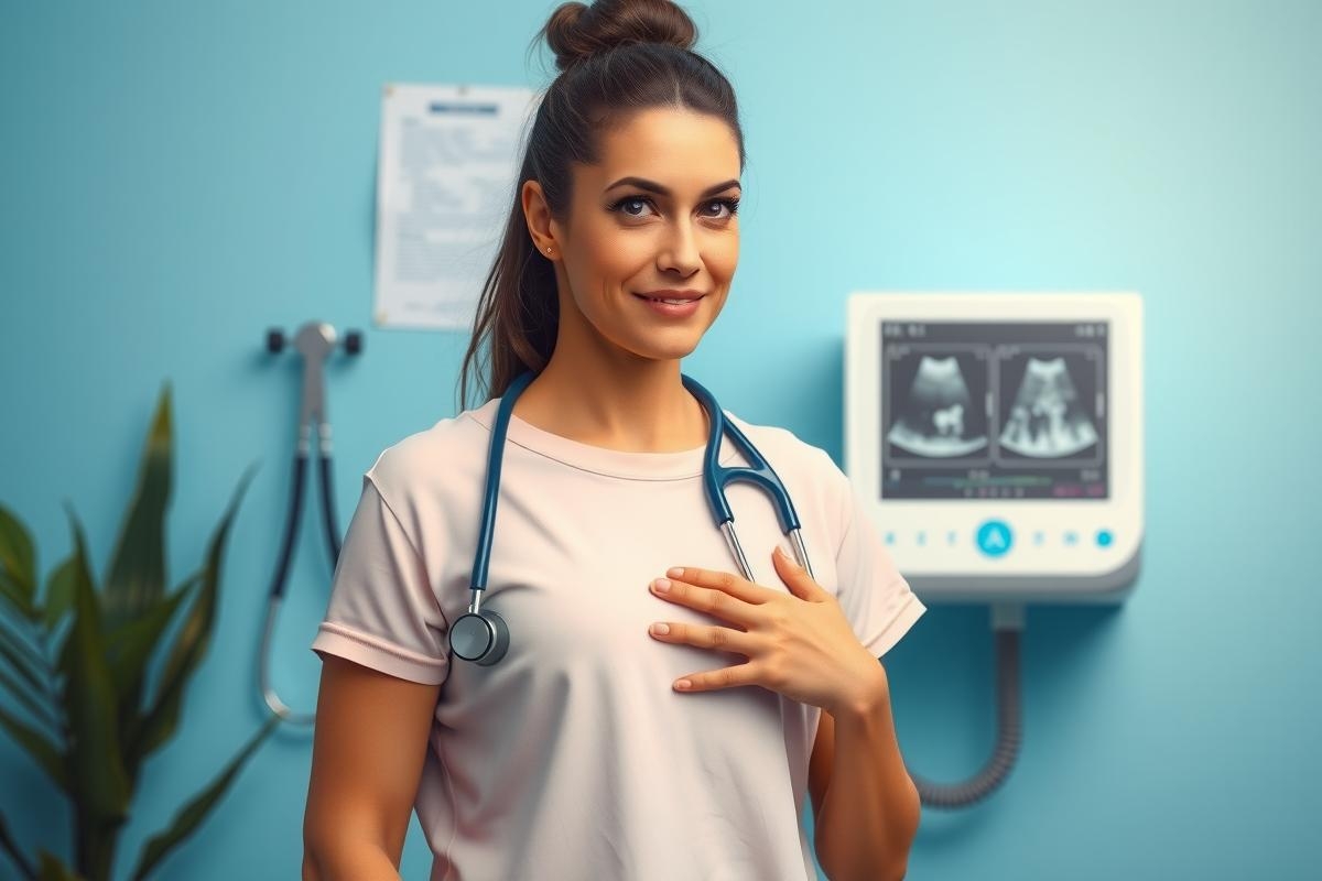 The image shows a female healthcare professional standing in a medical office environment. She is wearing a light blue uniform with a stethoscope around her neck and her hands are placed near her chest. The room features typical medical office decor, including examination equipment such as an ultrasound machine to the right.