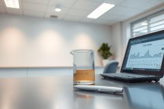 Science lab setup featuring a beaker with amber liquid, a laptop displaying a graph, and a pen on a blue surface. A bright, clean environment suggests research or analysis.