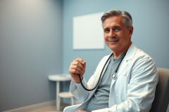 Friendly male doctor in a light blue exam room. He wears a white coat and holds a stethoscope. Professional healthcare portrait, medical professional, doctor's office setting.