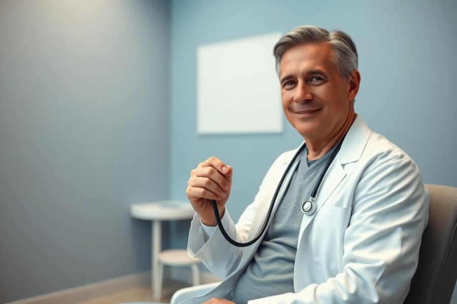 Friendly male doctor in a light blue exam room. He wears a white coat and holds a stethoscope. Professional healthcare portrait, medical professional, doctor's office setting.