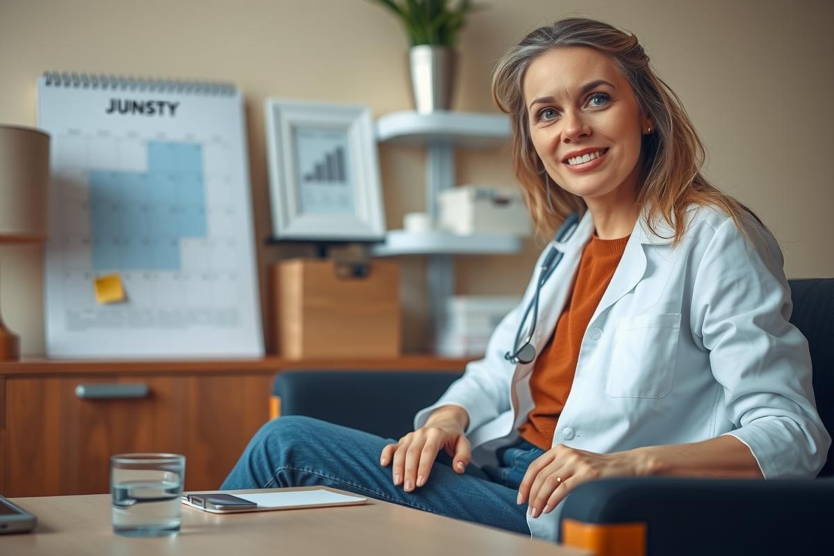 The image depicts a professional setting, possibly an office or medical practice. There is a woman seated at a desk, dressed in a white lab coat which suggests she might be a doctor, nurse, or healthcare practitioner.