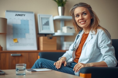 The image depicts a professional setting, possibly an office or medical practice. There is a woman seated at a desk, dressed in a white lab coat which suggests she might be a doctor, nurse, or healthcare practitioner.