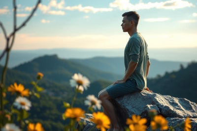 A man is sitting on a rocky outcrop, overlooking a breathtaking panorama of valleys and mountains under a clear sky. The environment is lush with greenery and yellow wildflowers that add vibrant colors to the scene.