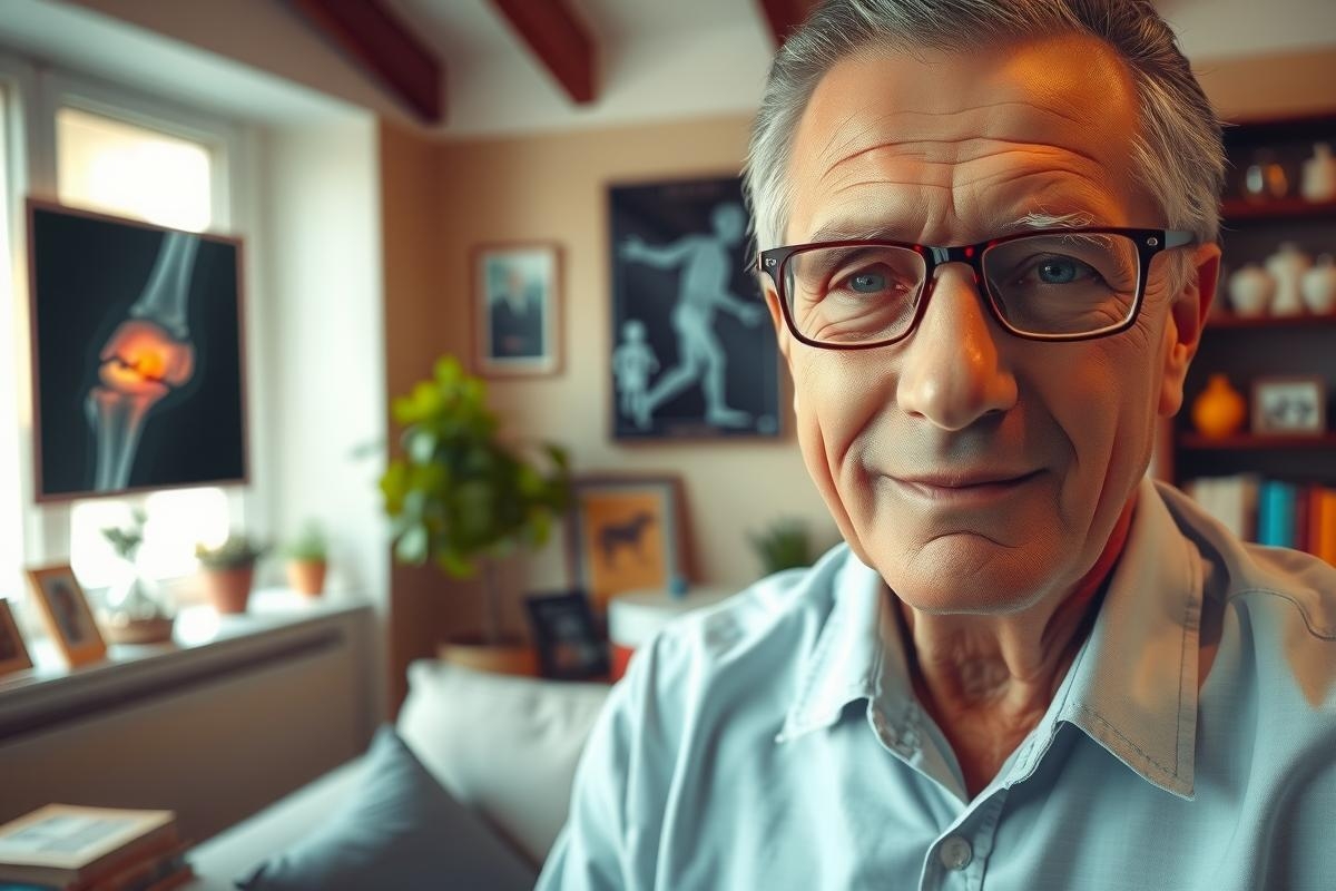 The image shows an older man sitting in what appears to be a home office environment. He is wearing glasses and has a friendly expression, looking directly at the camera.
